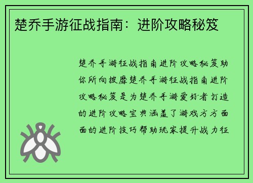楚乔手游征战指南：进阶攻略秘笈